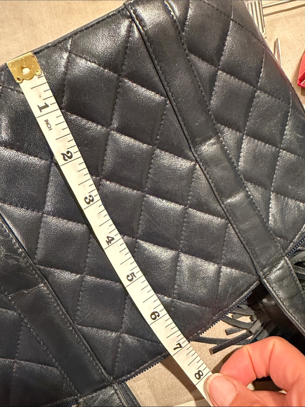 St. John Navy Blue Quilted Leather tote Bag with Tassel vintage - Picture 16 of 16